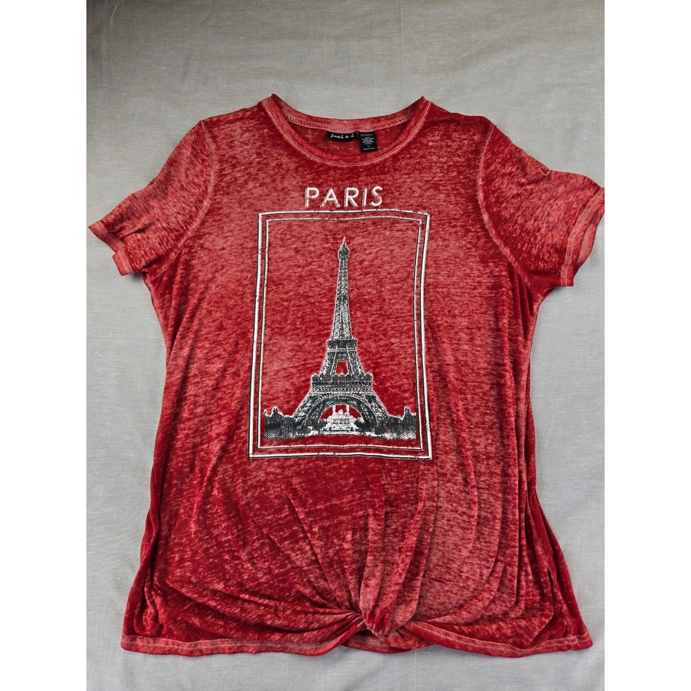 Joei & i Women Red Paris Eiffel Tower Graphic Twist Front Burnout Tee 1X FNL3805